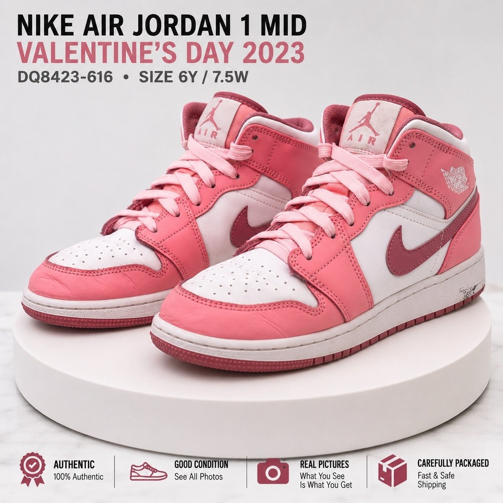 Nike Air Jordan 1 Mid Valentines Day 2023 Pink White DQ8423-616 6Y 7.5W